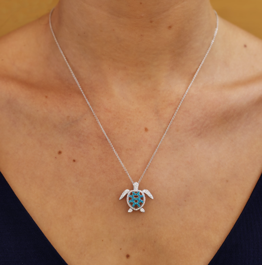 Turtle Pendant With Teal Swarovski® Crystals
