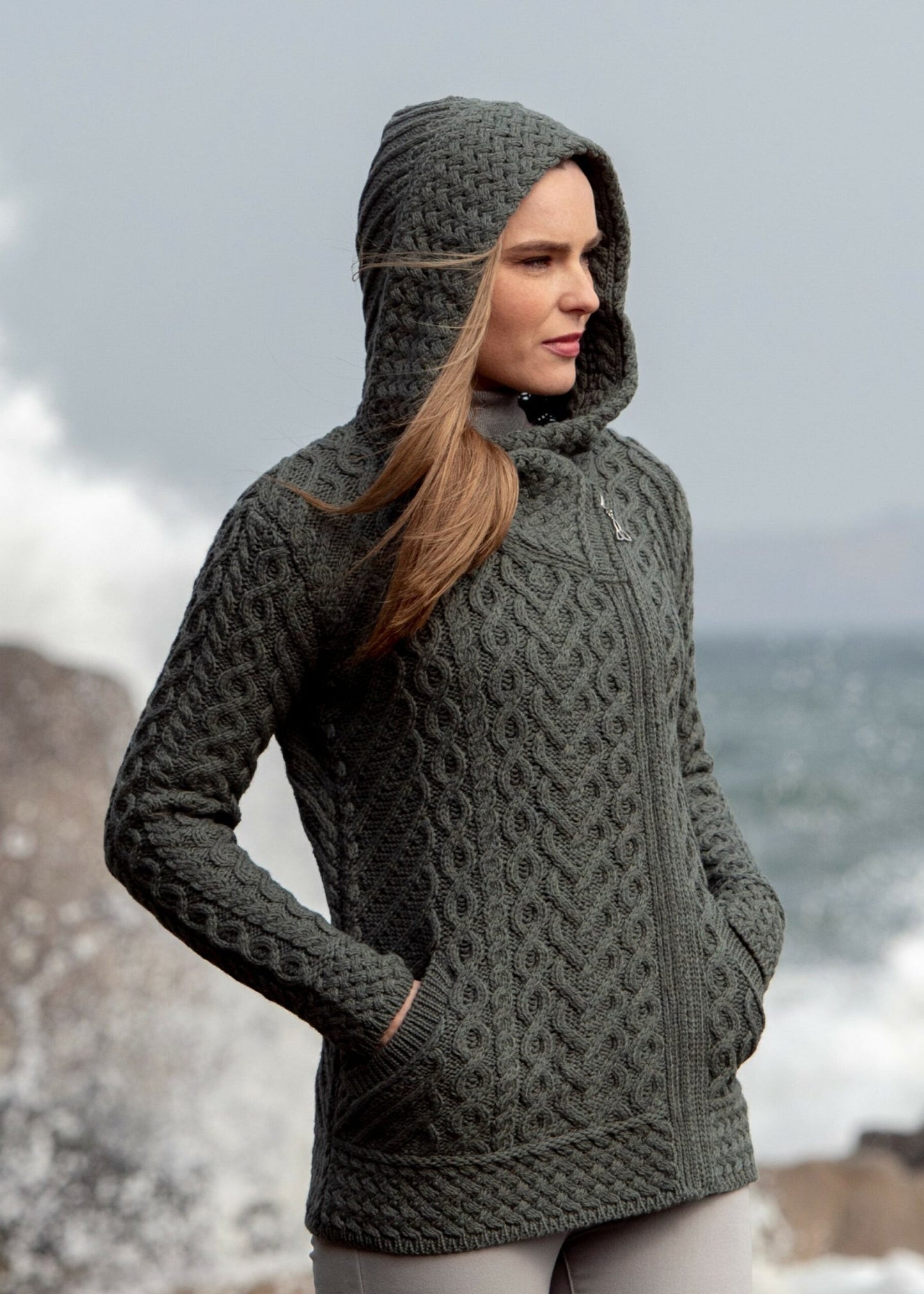 Aran Craft Hearts Side Zip Cardigan with Hood