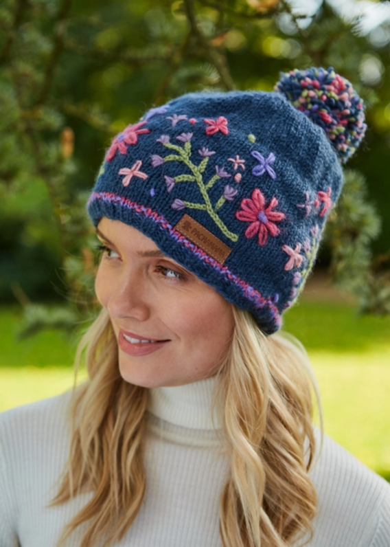 Hampton Court - Embroidered Flowers Bobble Beanie