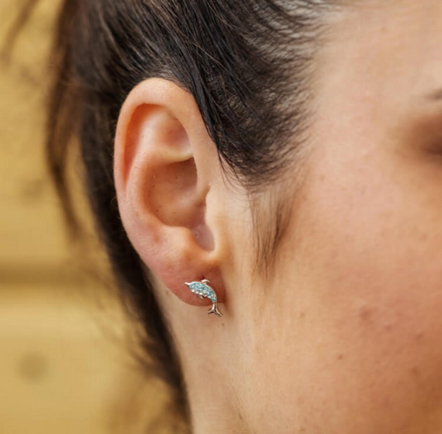 Aqua SW Crystal Dolphin Stud Earrings