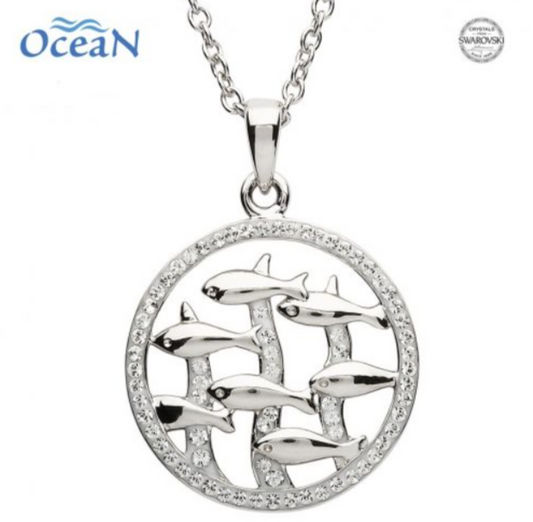 Sterling Silver School of Fish Pendant Embellished with White Swarovski Crystals