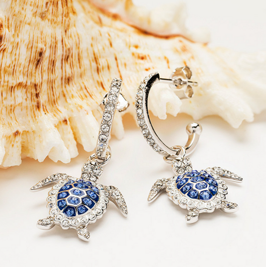 Sterling Silver Sapphire Blue Turtle Earrings