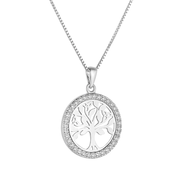 Silver Cz Round Tree Of Life Necklace