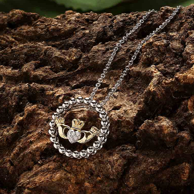 Sterling Silver CZ Claddagh Necklace with 1M Gold Plate