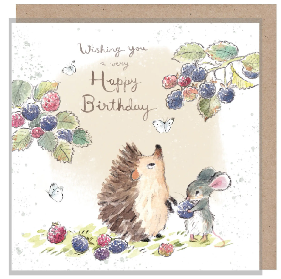 Birthday Card - Hedgehog and Mouse with Blackberries