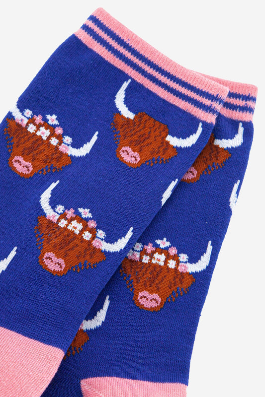 Highland Cow Bamboo Socks in Blue
