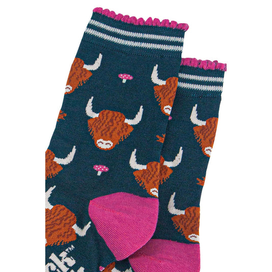 Highland Cow Bamboo Socks in Green