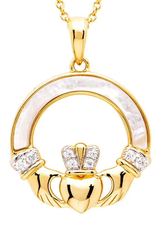 14kt Gold Vermeil Mother of Pearl Claddagh Necklace with White Cubic Zirconia