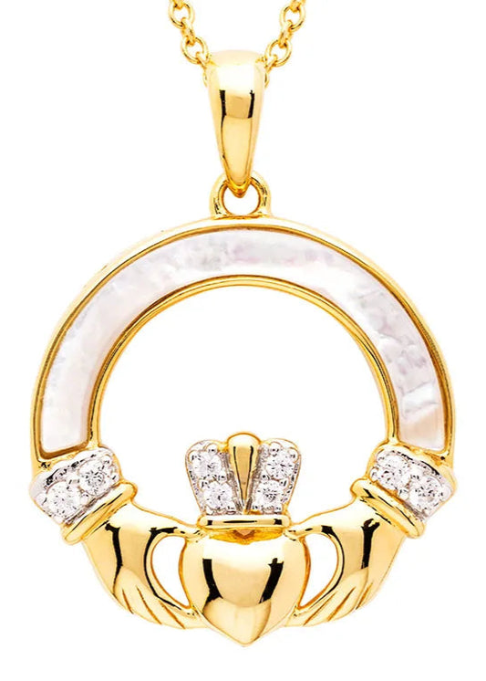 14kt Gold Vermeil Mother of Pearl Claddagh Necklace with White Cubic Zirconia