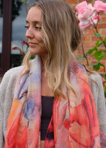 Lightweight Scarf - Poppy Flower and Butterfly