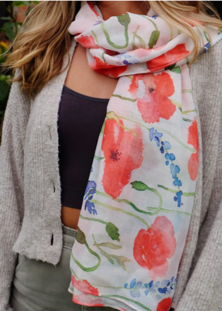 Lightweight Scarf - Poppy and Bluebell Flower