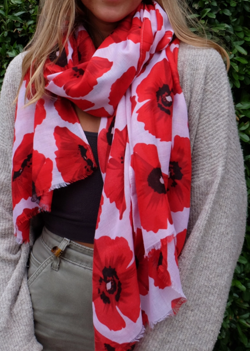 Lightweight Scarf - Poppy Flower on White