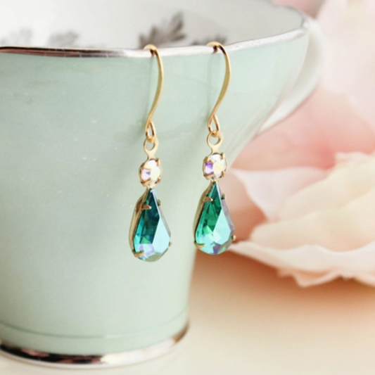 Vintage Glass Earrings -Teardrop - Aurora Emerald