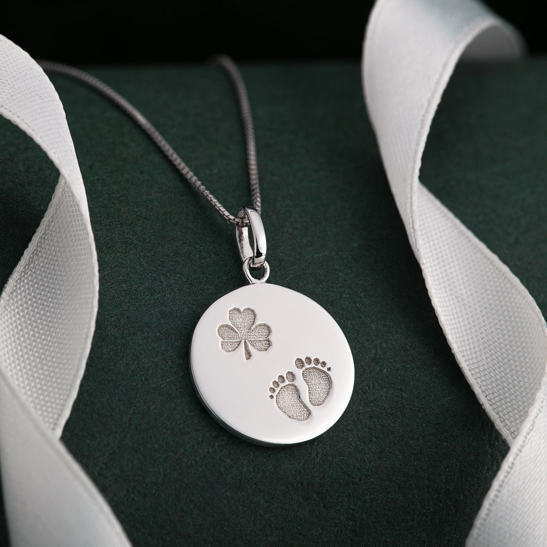 Silver Shamrock Baby Feet Disc Pendant