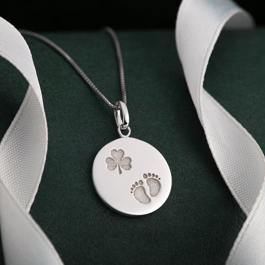 Silver Shamrock Baby Feet Disc Pendant