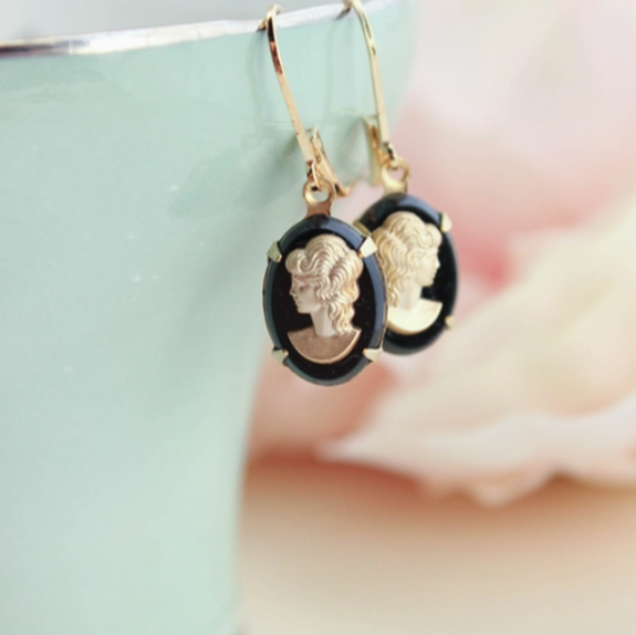 Cameo Earrings Black and Gold Lady