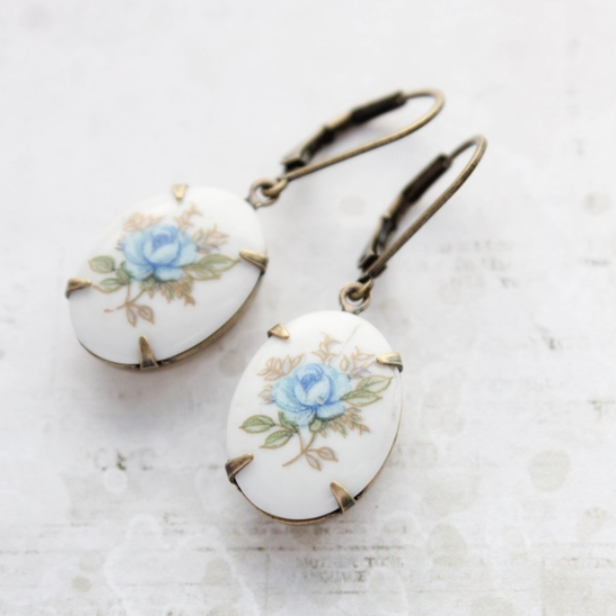 Cameo Earrings Blue Rose