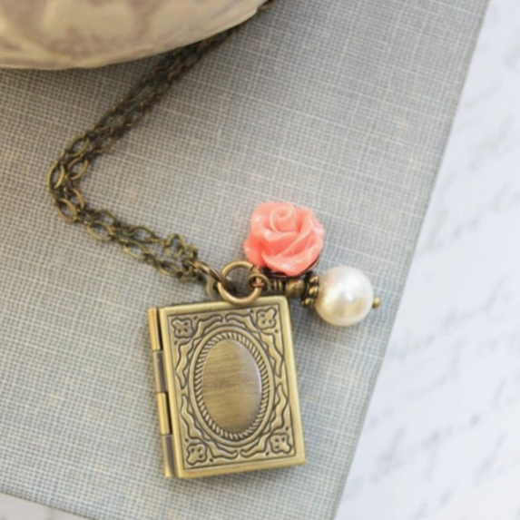 Book Locket - Coral Rose & White Pearl