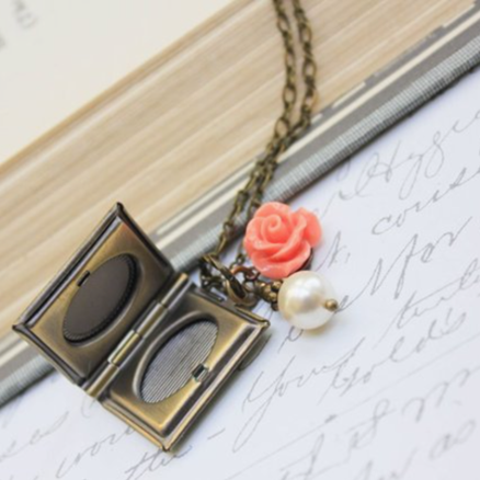 Book Locket - Coral Rose & White Pearl