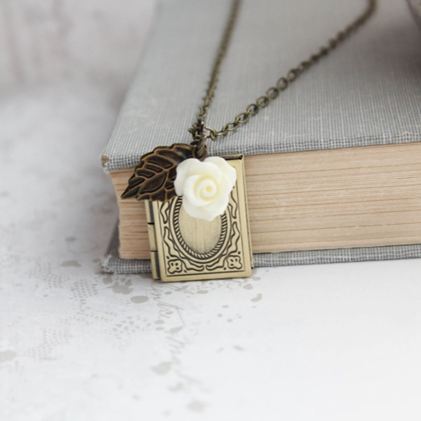 Book Locket - Cream Rose Charm