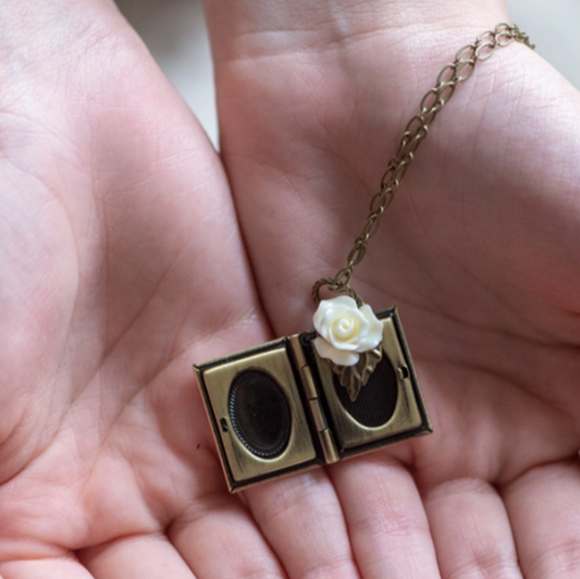 Book Locket - Cream Rose Charm