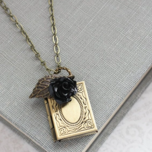 Book Locket - Black Rose Charm