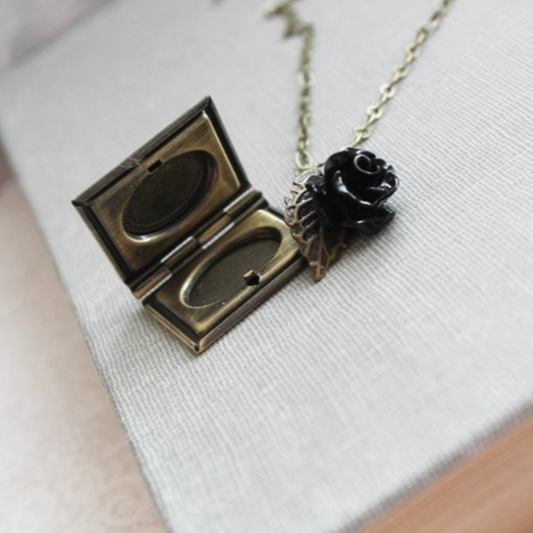 Book Locket - Black Rose Charm