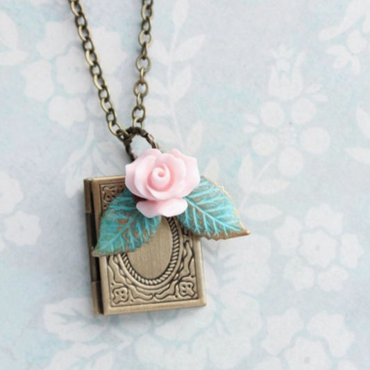 Book Locket - Pink Rose Charm