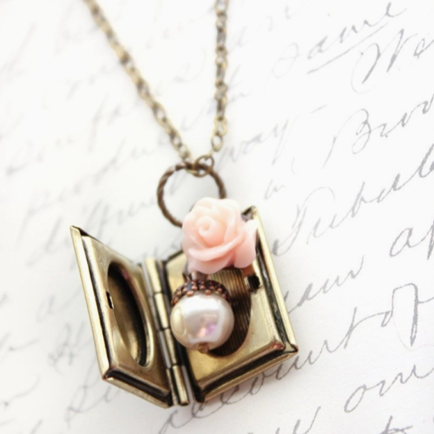 Book Locket - Pink Rose & White Pearl