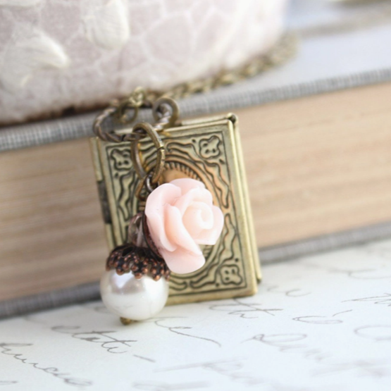 Book Locket - Pink Rose & White Pearl