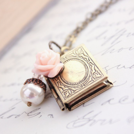 Book Locket - Pink Rose & White Pearl