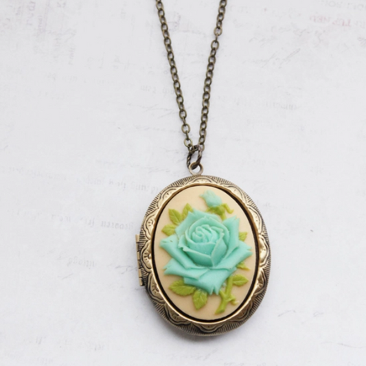 Cameo Locket - Teal Rose