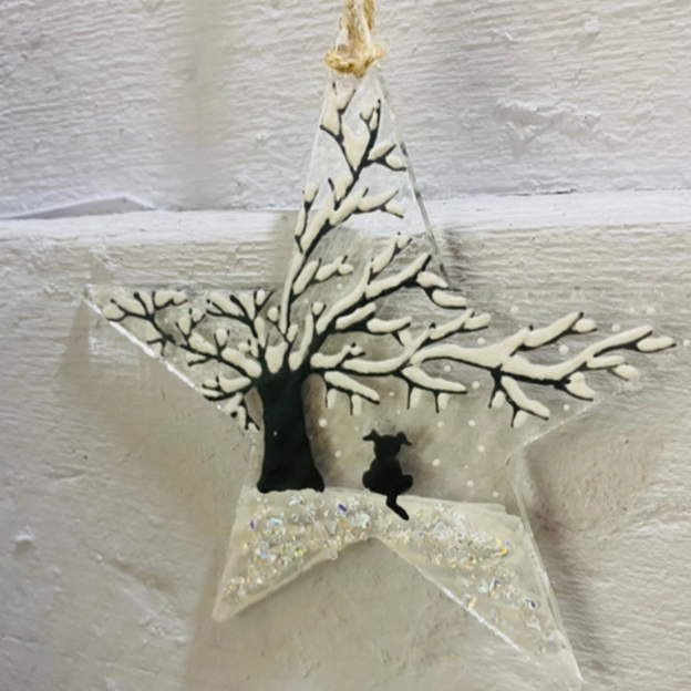 Christmas Decoration Fused Glass Dog on Hanging Star