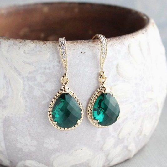 Glass Drop Earrings - Emerald Green - Rope Setting