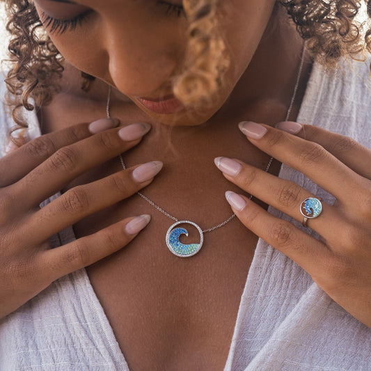 Sterling Silver Blue and Aqua Crystals Wave Mini Necklace