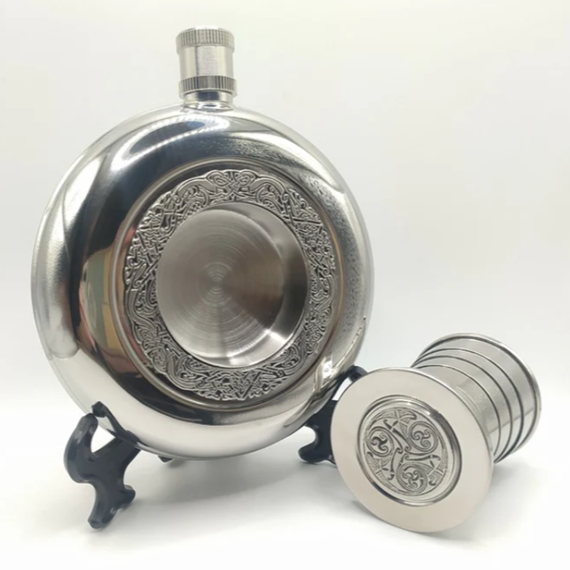 Pewter Round Pocket Whiskey Flask with Expandable Cup