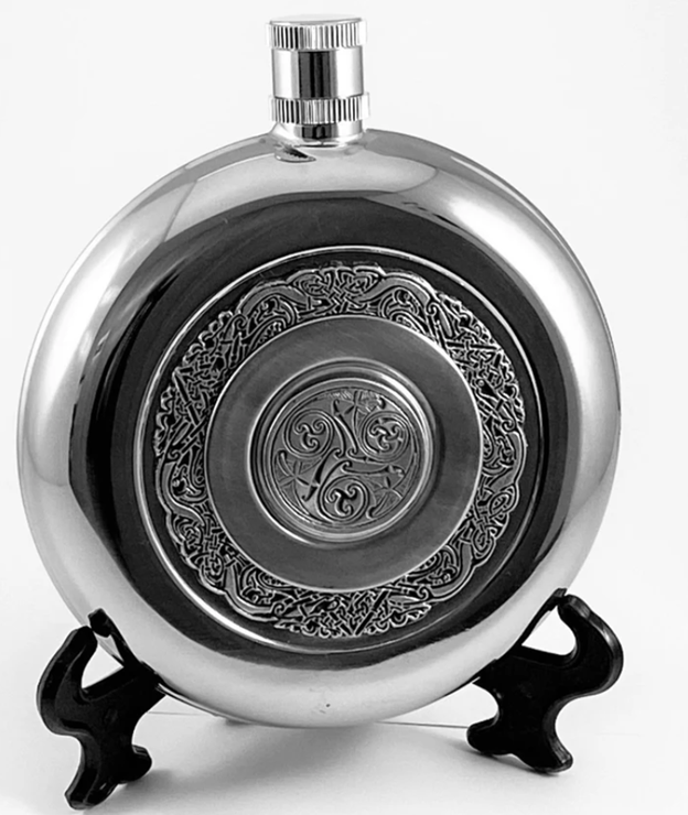 Pewter Round Pocket Whiskey Flask with Expandable Cup