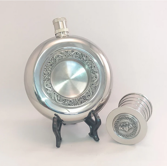 Pewter Round Pocket Whiskey Flask with Expandable Cup