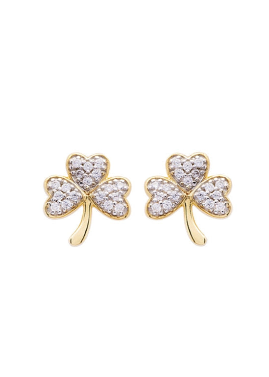 14KT Gold Vermeil Stud Shamrock Earrings Adorned with White Cubic Zirconias