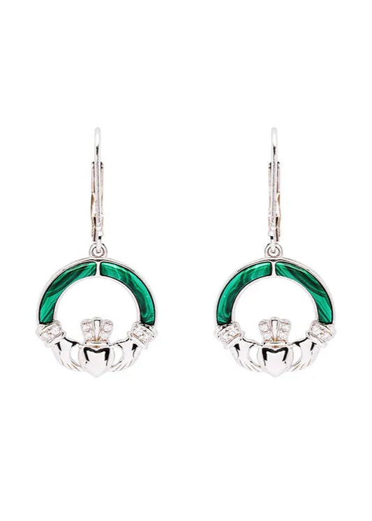 Green Malachite Sterling Silver Claddagh Drop Earrings