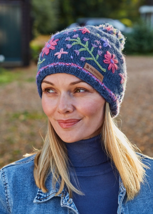 Hampton Court - Embroidered Flowers Bobble Beanie