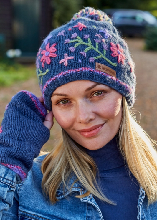 Hampton Court - Embroidered Flowers Bobble Beanie
