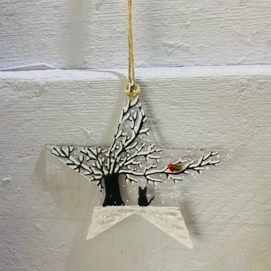 Christmas Decoration Fused Glass Cat on Hanging Star