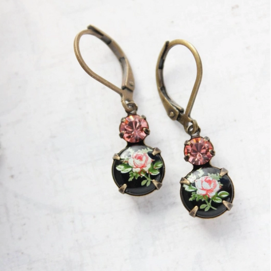 Cameo Earrings Pink Rose On Black & Vintage Glass