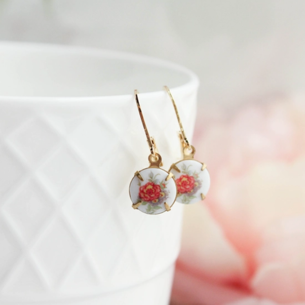 Cameo Earrings Round Floral Peony