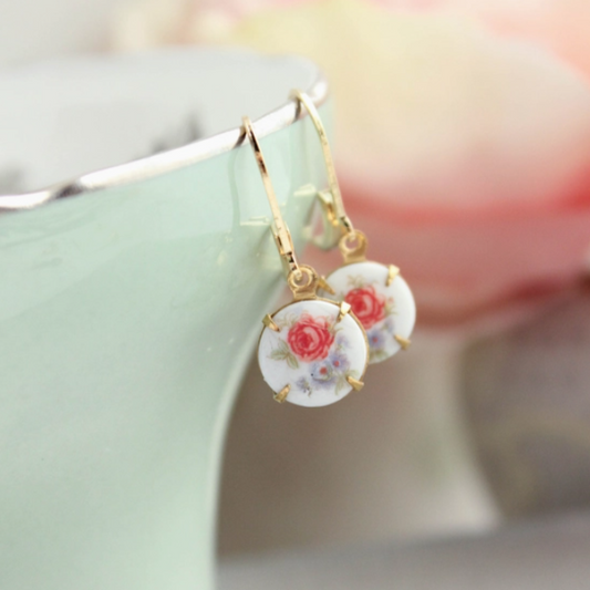 Cameo Earrings Round Floral Rose and Violets