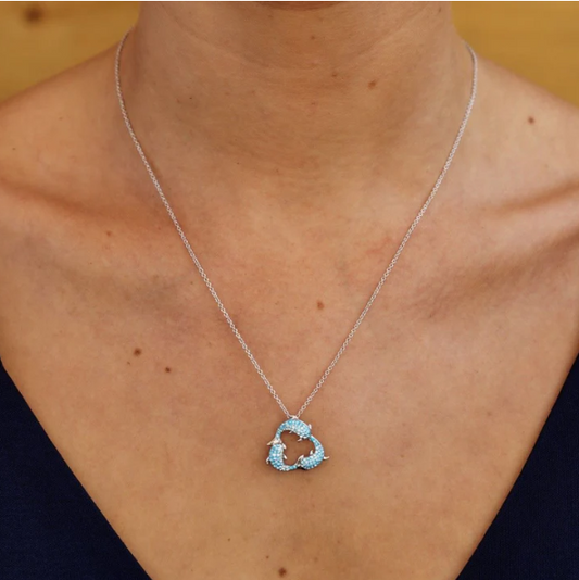 Sterling Silver Aqua SW Crystal Triple Dolphin Necklace