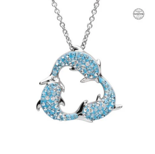 Sterling Silver Aqua SW Crystal Triple Dolphin Necklace