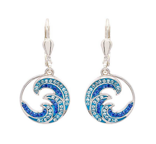 Sterling Silver Sapphire Aqua Crystal Wave Drop Earrings