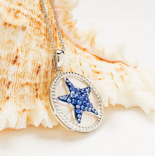 Sterling Silver Sapphire crystal MOP Starfish Necklace